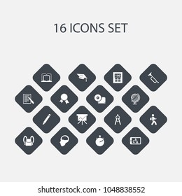 Set of 16 editable education icons. Includes symbols such as billboard, sphere, dividers measurement and more. Can be used for web, mobile, UI and infographic design.