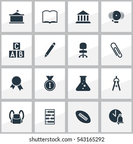 Set Of 16 Editable Education Icons. Includes Symbols Such As Alphabet Cube, Ring, First Place And More. Can Be Used For Web, Mobile, UI And Infographic Design.