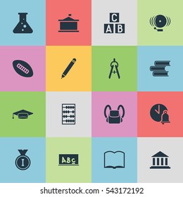 Set Of 16 Editable Education Icons. Includes Symbols Such As Schoolbag, Math Tool, Book And More. Can Be Used For Web, Mobile, UI And Infographic Design.