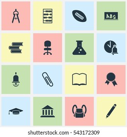 Set Of 16 Editable Education Icons. Includes Symbols Such As Math Tool, Staple, Alarm Bell And More. Can Be Used For Web, Mobile, UI And Infographic Design.