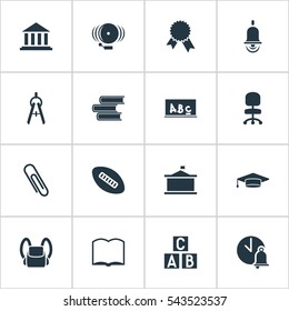 Set Of 16 Editable Education Icons. Includes Symbols Such As Ring, Staple, Univercity And More. Can Be Used For Web, Mobile, UI And Infographic Design.