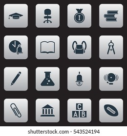 Set Of 16 Editable Education Icons. Includes Symbols Such As Alphabet Cube, Book, School Bell And More. Can Be Used For Web, Mobile, UI And Infographic Design.