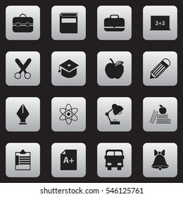 Set Of 16 Editable Education Icons. Includes Symbols Such As Cutting, Jingle, Transport Vehicle And More. Can Be Used For Web, Mobile, UI And Infographic Design.