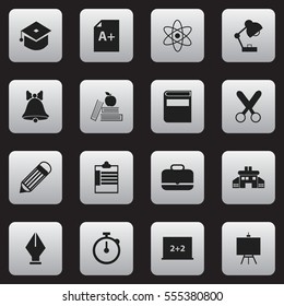 Set Of 16 Editable Education Icons. Includes Symbols Such As Timer, Molecule, Portfolio And More. Can Be Used For Web, Mobile, UI And Infographic Design.