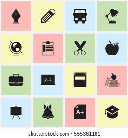 Set Of 16 Editable Education Icons. Includes Symbols Such As Jingle, Textbook, Apple And More. Can Be Used For Web, Mobile, UI And Infographic Design.