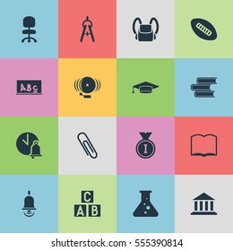 Set Of 16 Editable Education Icons. Includes Symbols Such As Ring, School Bell, Alarm Bell And More. Can Be Used For Web, Mobile, UI And Infographic Design.