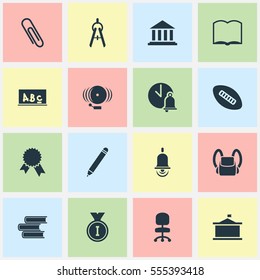 Set Of 16 Editable Education Icons. Includes Symbols Such As Math Tool, Staple, Victory Medallion And More. Can Be Used For Web, Mobile, UI And Infographic Design.