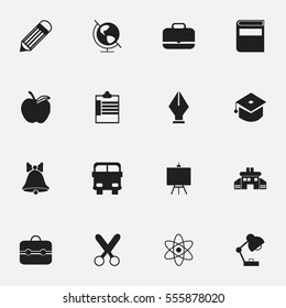Set Of 16 Editable Education Icons. Includes Symbols Such As Molecule, Supervision List, Earth Planet And More. Can Be Used For Web, Mobile, UI And Infographic Design.