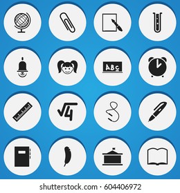 Set Of 16 Editable Education Icons. Includes Symbols Such As Feather, Daughter, Math Root And More. Can Be Used For Web, Mobile, UI And Infographic Design.