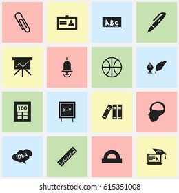 Set Of 16 Editable Education Icons. Includes Symbols Such As Straightedge, Bookshelf, Literature And More. Can Be Used For Web, Mobile, UI And Infographic Design.