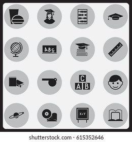 Set Of 16 Editable Education Icons. Includes Symbols Such As Compact Disk, Fast Food, Graduated Female And More. Can Be Used For Web, Mobile, UI And Infographic Design.