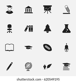 Set Of 16 Editable Education Icons. Includes Symbols Such As Work Seat, Book, Graduation Hat And More. Can Be Used For Web, Mobile, UI And Infographic Design.