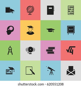 Set Of 16 Editable Education Icons. Includes Symbols Such As Math Root, Envelope, Notepaper And More. Can Be Used For Web, Mobile, UI And Infographic Design.