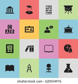 Set Of 16 Editable Education Icons. Includes Symbols Such As Arithmetic, Calculator, School Bell And More. Can Be Used For Web, Mobile, UI And Infographic Design.