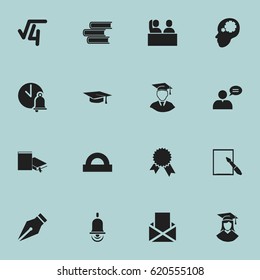 Set Of 16 Editable Education Icons. Includes Symbols Such As Alarm Bell, Notepaper, Graduation Hat And More. Can Be Used For Web, Mobile, UI And Infographic Design.