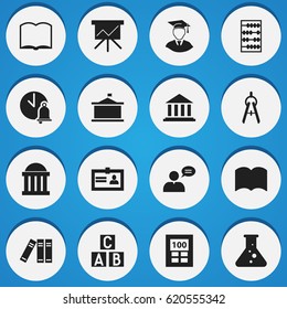 Set Of 16 Editable Education Icons. Includes Symbols Such As Math Tool, Dictionary, Thinking Man And More. Can Be Used For Web, Mobile, UI And Infographic Design.