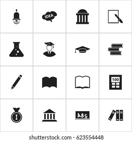 Set Of 16 Editable Education Icons. Includes Symbols Such As Notepaper, Alarm Bell, Book And More. Can Be Used For Web, Mobile, UI And Infographic Design.