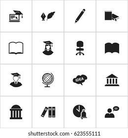 Set Of 16 Editable Education Icons. Includes Symbols Such As Courtroom, Distance Learning, Literature And More. Can Be Used For Web, Mobile, UI And Infographic Design.