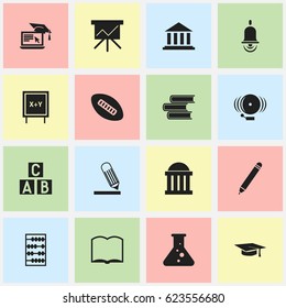 Set Of 16 Editable Education Icons. Includes Symbols Such As Chemistry, Pencil, Arithmetic And More. Can Be Used For Web, Mobile, UI And Infographic Design.