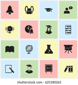 Set Of 16 Editable Education Icons. Includes Symbols Such As Dictionary, Graduated Female, Bookshelf And More. Can Be Used For Web, Mobile, UI And Infographic Design.