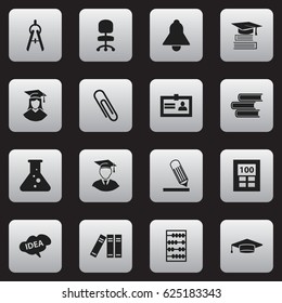 Set Of 16 Editable Education Icons. Includes Symbols Such As Bell, Bookshelf, Work Seat And More. Can Be Used For Web, Mobile, UI And Infographic Design.