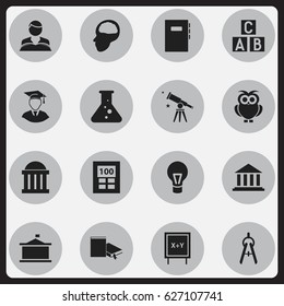 Set Of 16 Editable Education Icons. Includes Symbols Such As Math Tool, Univercity, Cerebrum And More. Can Be Used For Web, Mobile, UI And Infographic Design.