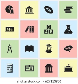 Set Of 16 Editable Education Icons. Includes Symbols Such As Courtroom, School Bell, Alphabet Cube And More. Can Be Used For Web, Mobile, UI And Infographic Design.