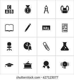 Set Of 16 Editable Education Icons. Includes Symbols Such As Work Seat, School Bell, Ring And More. Can Be Used For Web, Mobile, UI And Infographic Design.