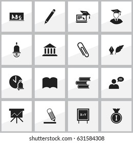 Set Of 16 Editable Education Icons. Includes Symbols Such As Pencil, Staple, Library And More. Can Be Used For Web, Mobile, UI And Infographic Design.