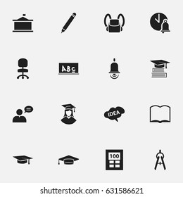 Set Of 16 Editable Education Icons. Includes Symbols Such As School Bell, Work Seat, Graduate And More. Can Be Used For Web, Mobile, UI And Infographic Design.