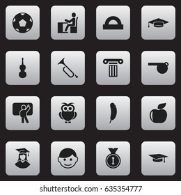 Set Of 16 Editable Education Icons. Includes Symbols Such As Night Fowl, Teacher, Scholar And More. Can Be Used For Web, Mobile, UI And Infographic Design.