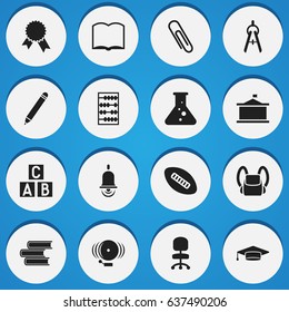 Set Of 16 Editable Education Icons. Includes Symbols Such As Chemistry, Schoolbag, Alarm Bell And More. Can Be Used For Web, Mobile, UI And Infographic Design.