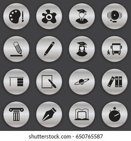 Set Of 16 Editable Education Icons. Includes Symbols Such As Pillar, Table, Omnibus With Child And More. Can Be Used For Web, Mobile, UI And Infographic Design.