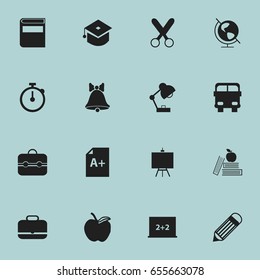 Set Of 16 Editable Education Icons. Includes Symbols Such As Page, Transport Vehicle, Eraser And More. Can Be Used For Web, Mobile, UI And Infographic Design.
