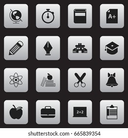 Set Of 16 Editable Education Icons. Includes Symbols Such As Kindergarten, Ceremony, Eraser And More. Can Be Used For Web, Mobile, UI And Infographic Design.