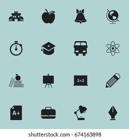 Set Of 16 Editable Education Icons. Includes Symbols Such As Jingle, Textbook, Portfolio And More. Can Be Used For Web, Mobile, UI And Infographic Design.
