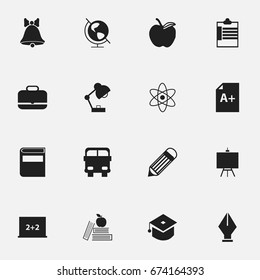 Set Of 16 Editable Education Icons. Includes Symbols Such As Earth Planet , Painter's Stand, Apple. Can Be Used For Web, Mobile, UI And Infographic Design.