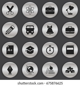 Set Of 16 Editable Education Icons. Includes Symbols Such As Eraser, Jingle, Earth Planet And More. Can Be Used For Web, Mobile, UI And Infographic Design.