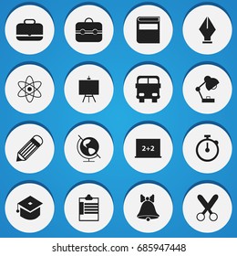 Set Of 16 Editable Education Icons. Includes Symbols Such As Painter's Stand, Eraser , Trunk. Can Be Used For Web, Mobile, UI And Infographic Design.