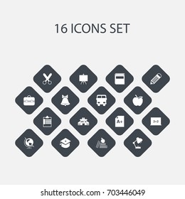 Set Of 16 Editable Education Icons. Includes Symbols Such As Trunk, Jingle, Earth Planet And More. Can Be Used For Web, Mobile, UI And Infographic Design.