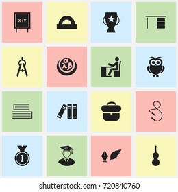 Set Of 16 Editable Education Icons. Includes Symbols Such As Goblet, Bookshelf, Novel And More. Can Be Used For Web, Mobile, UI And Infographic Design.