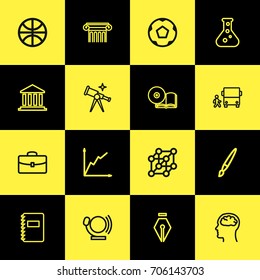 Set Of 16 Editable Education Outline Icons. Includes Symbols Such As Pillar, Sport, Atom And More. Can Be Used For Web, Mobile, UI And Infographic Design.
