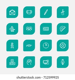 Set Of 16 Editable Education Outline Icons. Includes Symbols Such As Inkpen, Pupil, Eyepiece And More. Can Be Used For Web, Mobile, UI And Infographic Design.