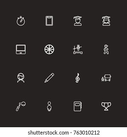 Set Of 16 Editable Education Outline Icons. Includes Symbols Such As Pencil, Notebook, Sport And More. Can Be Used For Web, Mobile, UI And Infographic Design.