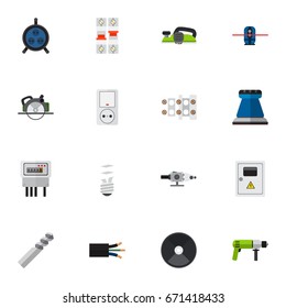 Set Of 16 Editable Electric Icons. Includes Symbols Such As Panel, Terminal Block, Buzzsaw And More. Can Be Used For Web, Mobile, UI And Infographic Design.