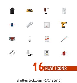 Set Of 16 Editable Electric Icons. Includes Symbols Such As Fretsaw, Turn-Screw, Panel And More. Can Be Used For Web, Mobile, UI And Infographic Design.