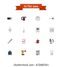 Set Of 16 Editable Electric Icons. Includes Symbols Such As Mini Drill, Wire, Inserting Nails And More. Can Be Used For Web, Mobile, UI And Infographic Design.