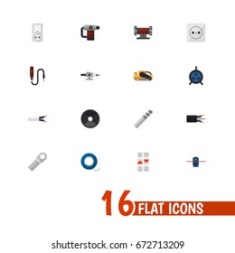 Set Of 16 Editable Electric Icons. Includes Symbols Such As Auger, Adhesive, Rosette And More. Can Be Used For Web, Mobile, UI And Infographic Design.
