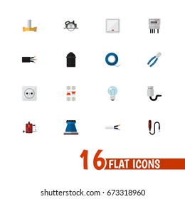 Set Of 16 Editable Electric Icons. Includes Symbols Such As Bulb, Adhesive, Emery Paper And More. Can Be Used For Web, Mobile, UI And Infographic Design.