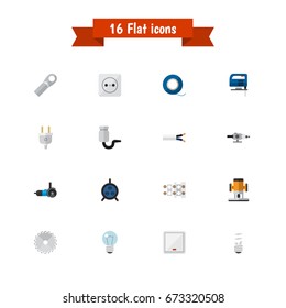 Set Of 16 Editable Electric Icons. Includes Symbols Such As Grinding Machine, Blowpipe, Lightbulb And More. Can Be Used For Web, Mobile, UI And Infographic Design.